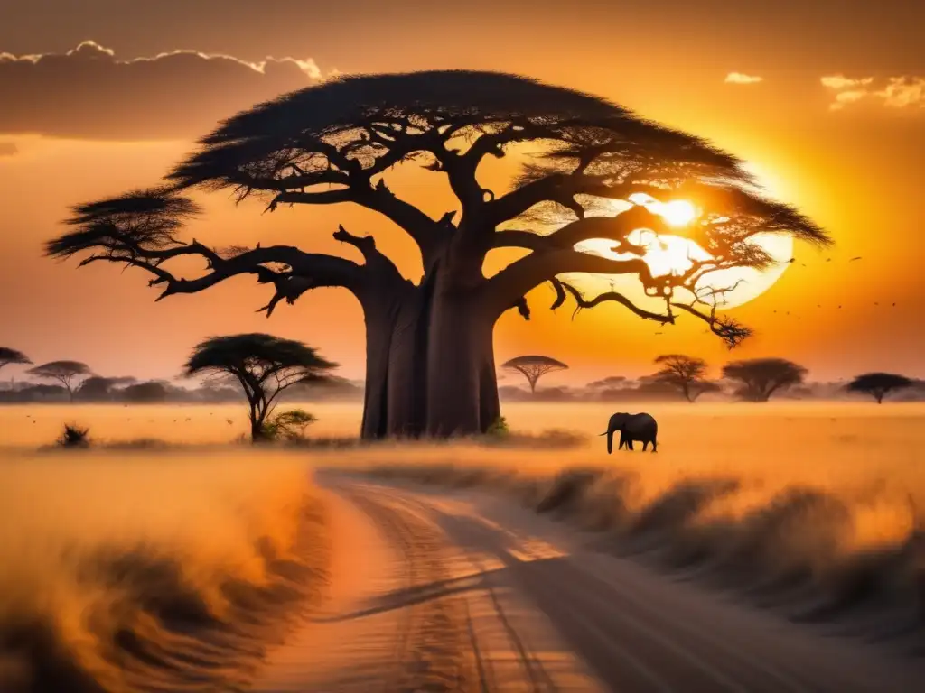 Paisaje africano con baobab, representación espíritus naturaleza mitología africana