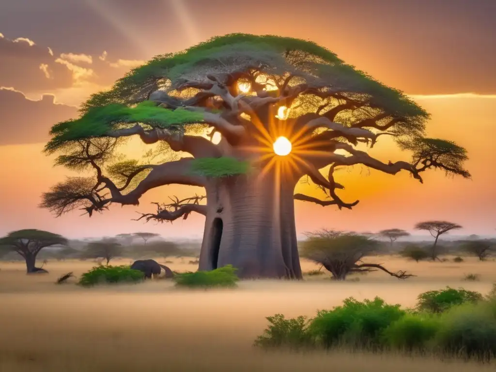 Espíritus de la Naturaleza en la Mitología Africana, paisaje africano sereno con baobab, río, fauna y atmósfera misteriosa