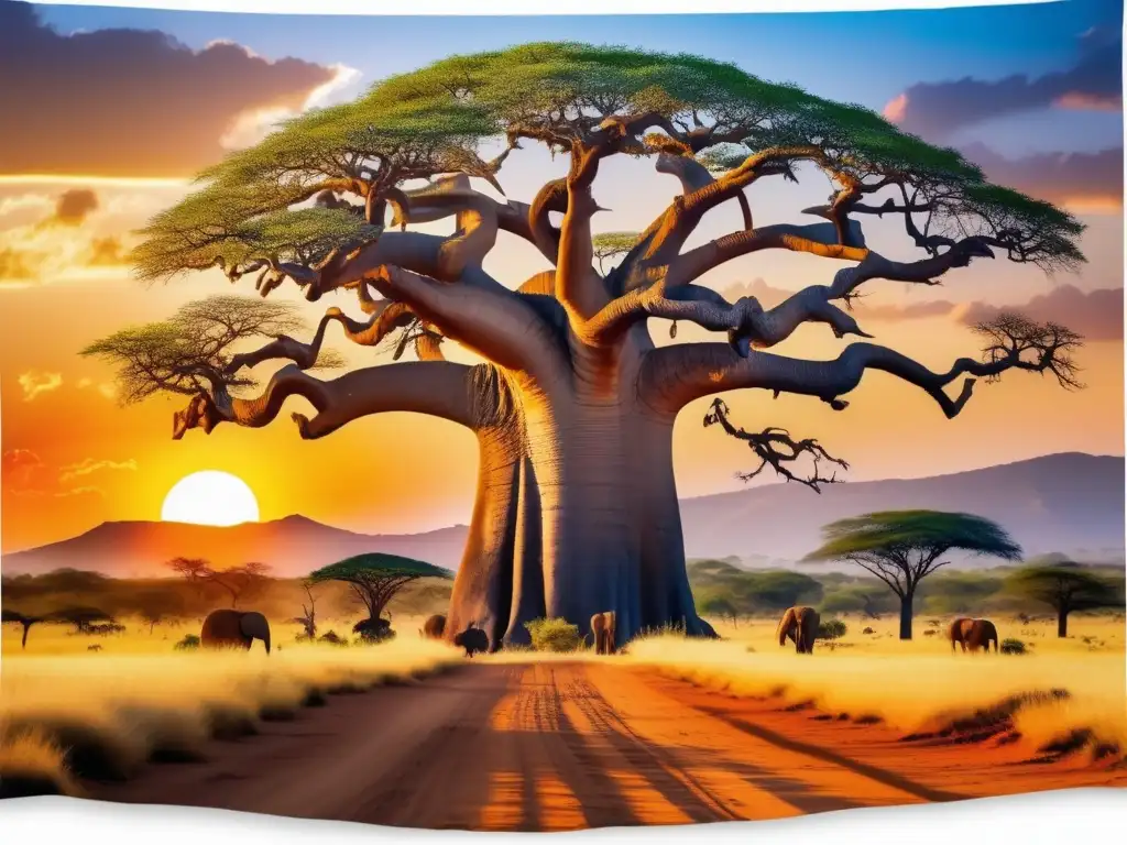 Espíritus de la Naturaleza en África: baobab, carvings, atardecer, folclore africano