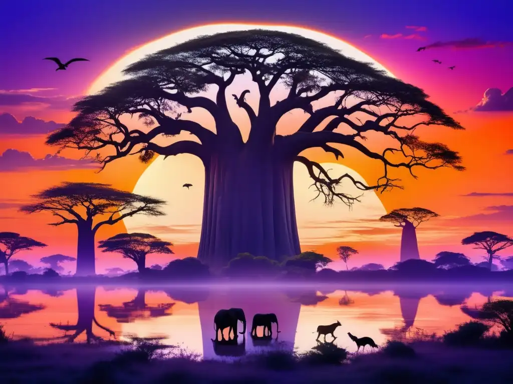 Representación Espíritus Naturaleza Mitología Africana con majestuoso Baobab y paisaje africano al atardecer