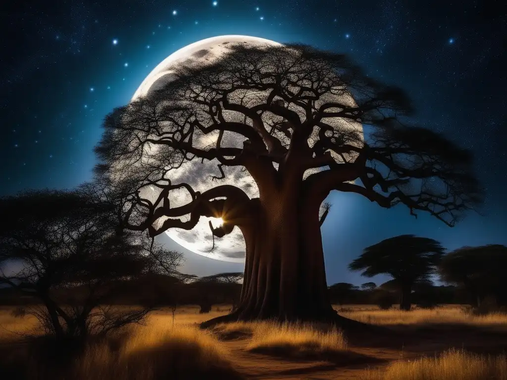 Criaturas ancestrales africanas: explorando su misterioso legado bajo la luna llena en un cielo estrellado