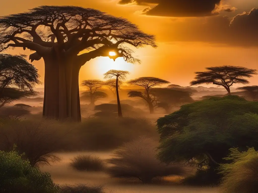 Espíritus naturaleza más allá africano, paisaje encantador de África con árbol baobab y figuras de luz y sombra