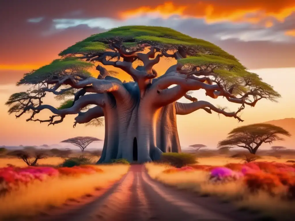 Espíritus de la Naturaleza en la Mitología Africana: Paisaje africano con un baobab antiguo, flores vibrantes y espíritus elementales