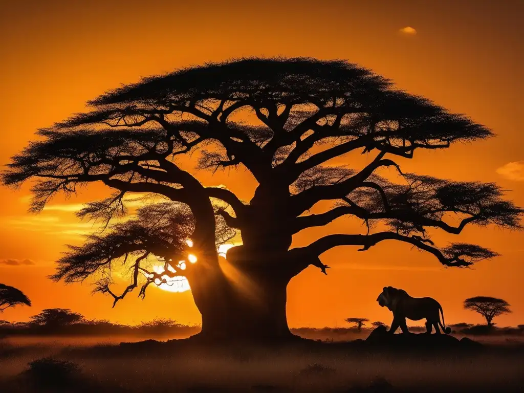 Criaturas mitológicas africanas ancestrales en un vibrante atardecer en la sabana