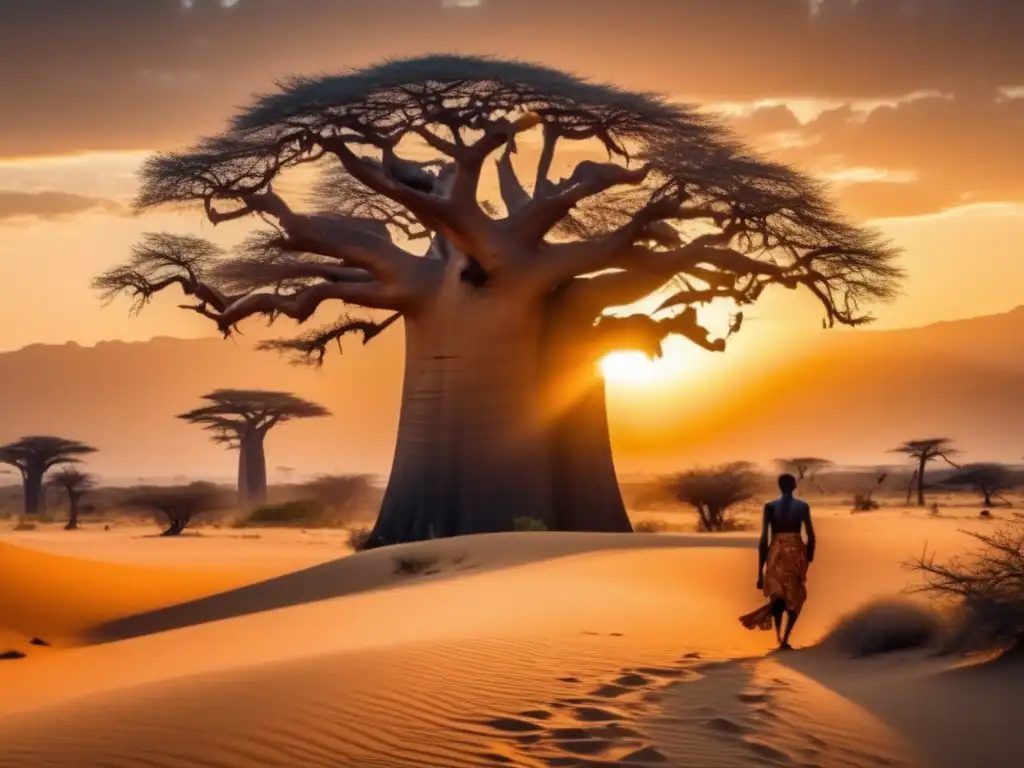 Mitos y leyendas de djinn y demonios en África: una escena mística de la mitología africana con baobabs y un djinn