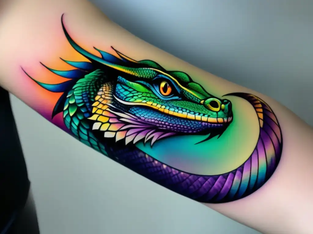 Tatuaje de Basilisco: Serpiente majestuosa con detalles vibrantes y colores iridiscentes