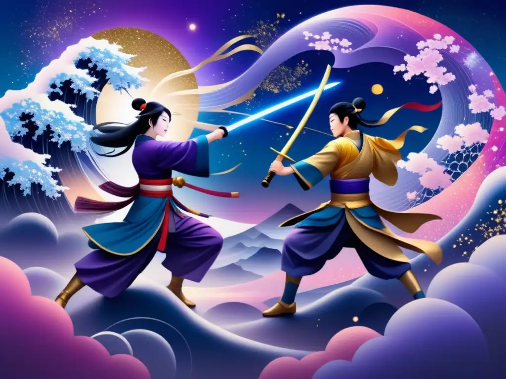 Batalla de dioses japoneses: Izanagi y Izanami libran una épica lucha celestial con galaxias, colores vibrantes y paisajes surrealistas