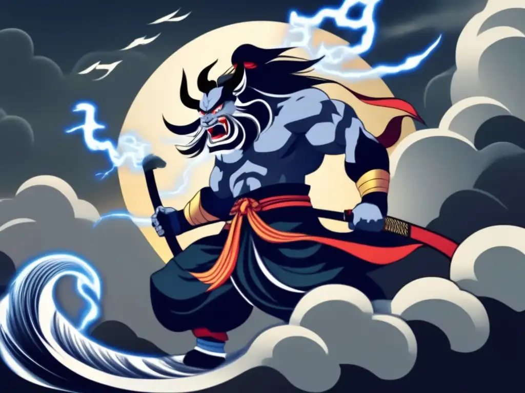 Batalla eterna dioses viento tormentas: Fūjin y Raijin, dioses del viento y las tormentas, colisionan en un espectáculo impresionante de naturaleza