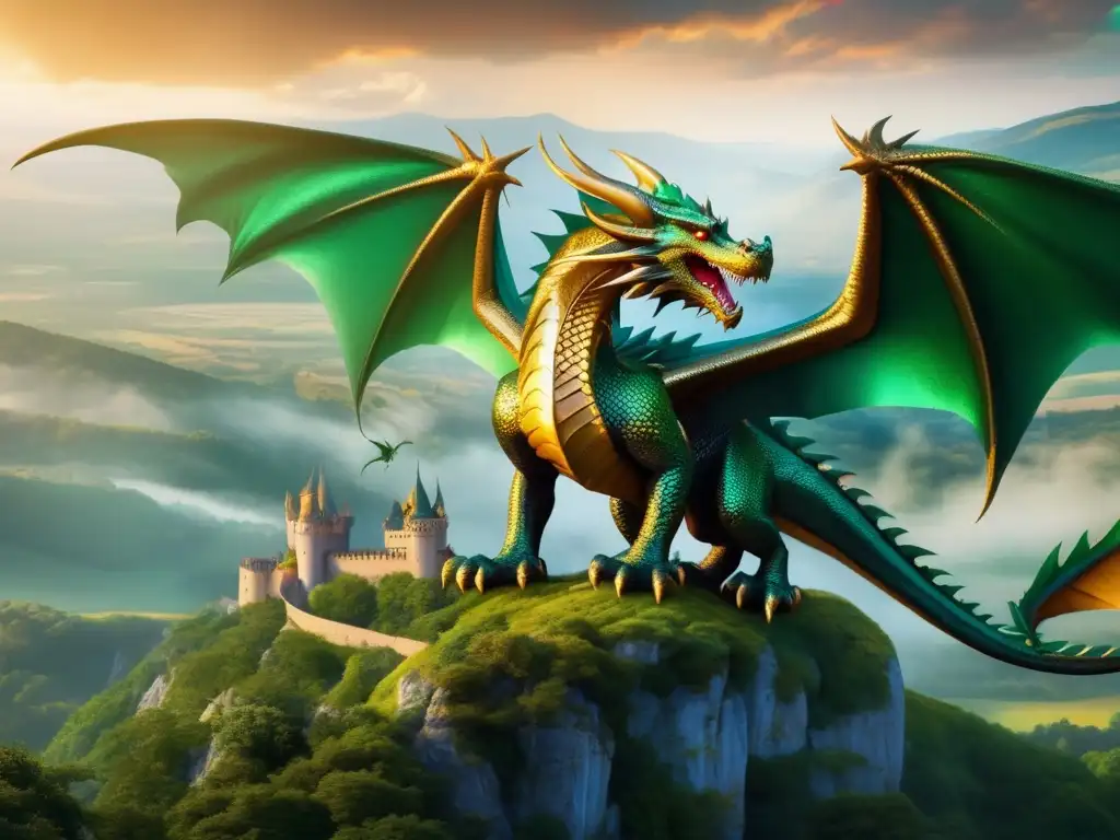 Historia de dragones en Europa: épica batalla aérea entre majestuosos dragones en un paisaje mítico