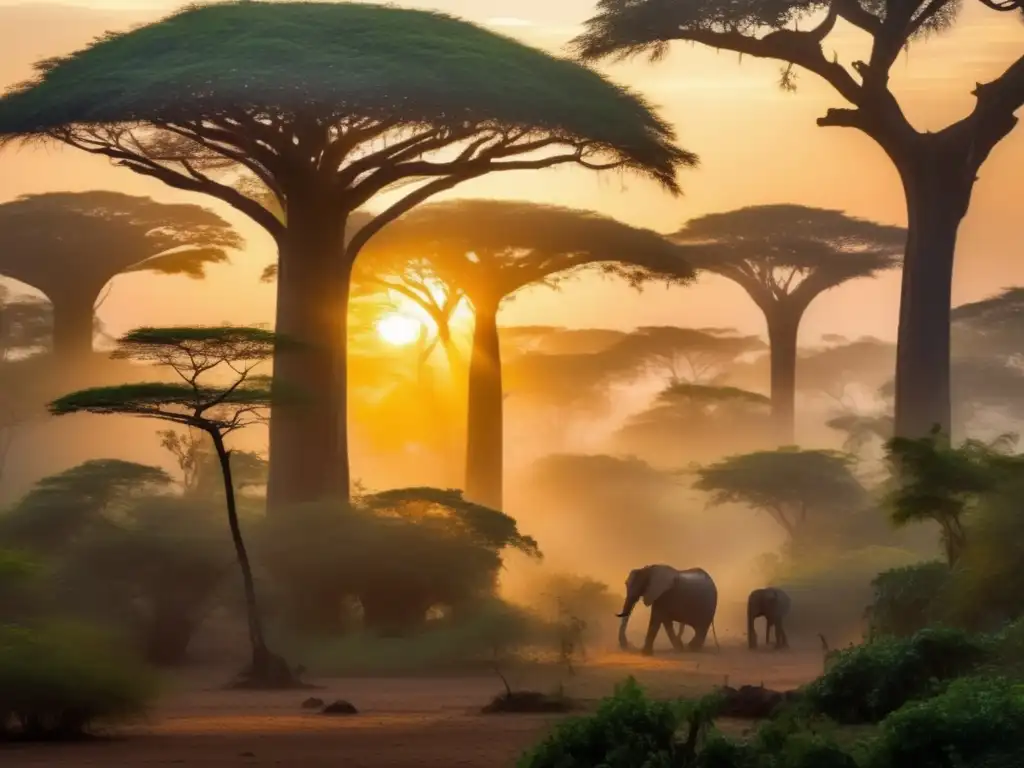 Espíritus de la Naturaleza en África en un bosque místico al atardecer