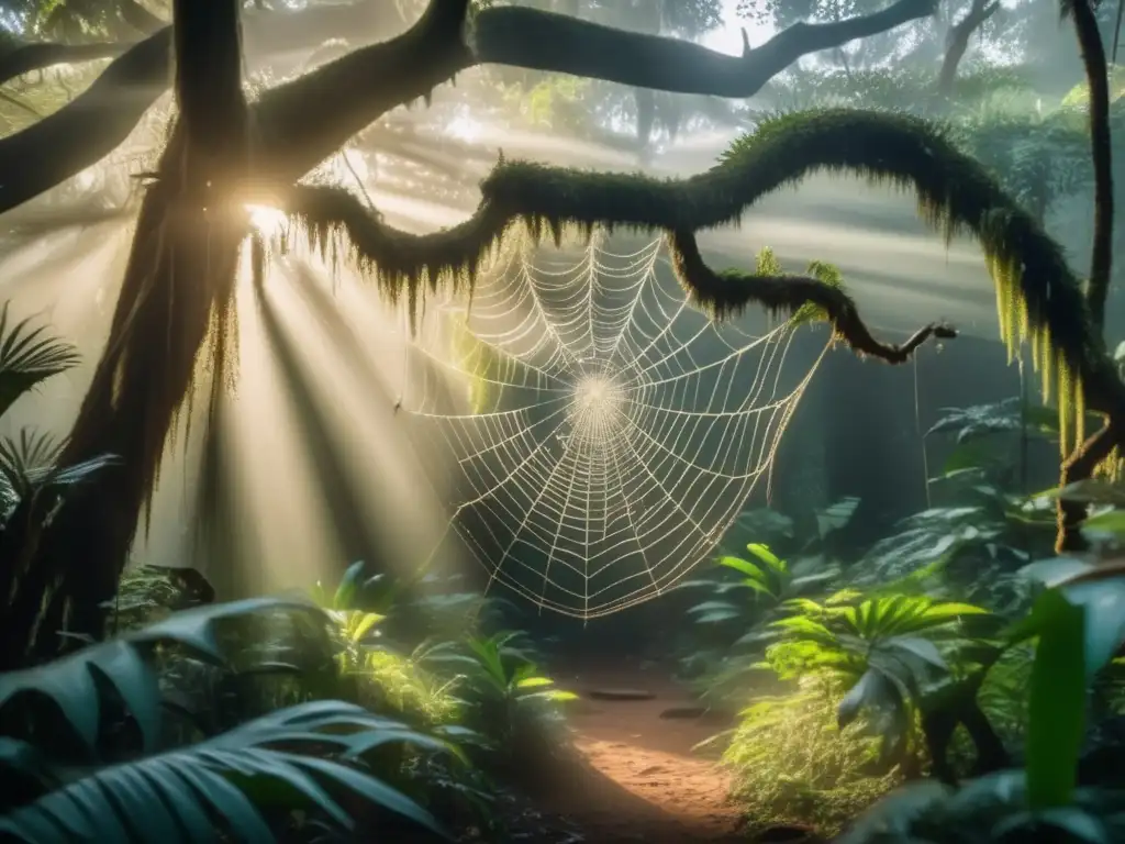 Mitos y leyendas de Anansi: Explorando la araña mítica africana en un bosque africano místico con una telaraña exquisita