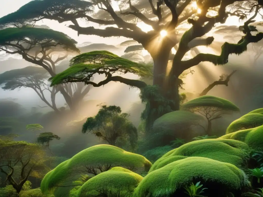 Espíritus de la Naturaleza africanos en un bosque denso al atardecer, envuelto en niebla y bañado por la luz dorada filtrada por el dosel