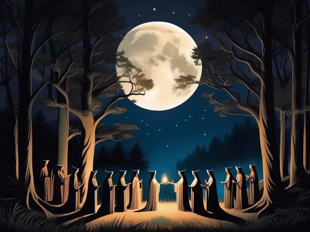 Brujas y la Luna: Aliadas nocturnas en un bosque místico iluminado por la luna llena, donde las brujas realizan rituales mágicos