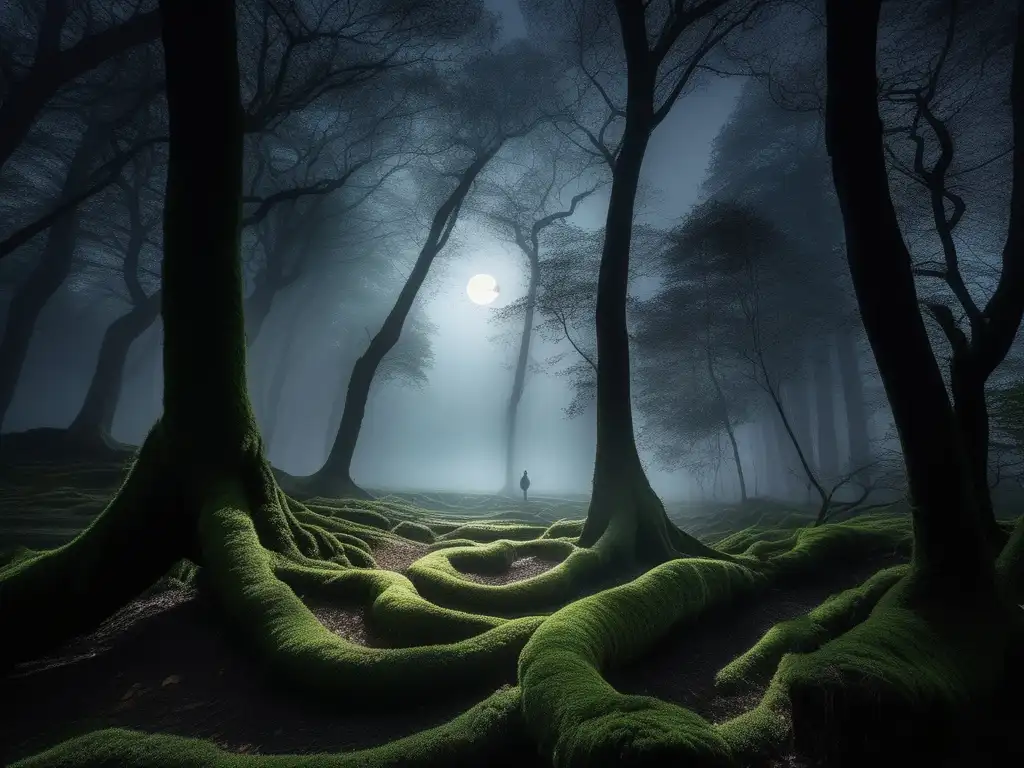 Imagen de un bosque nocturno con un hombre lobo, evocando la leyenda de los licántropos