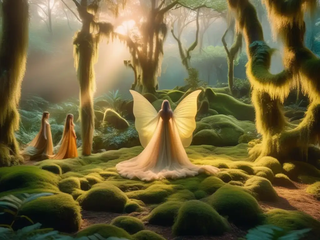 Representación de ninfas en serie TV: Bosque mágico con figuras etéreas danzando en un ambiente sereno y encantador