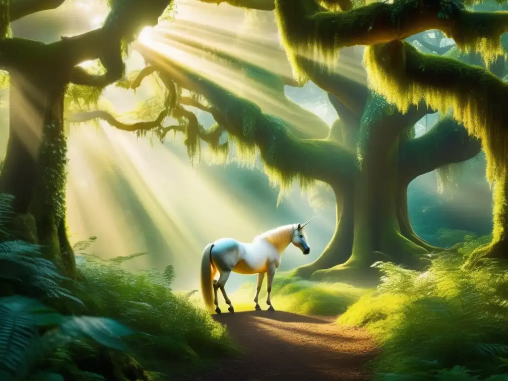 Un majestuoso unicornio en un bosque encantado, bañado en luz dorada, rodeado de seres mitológicos y criaturas fascinantes