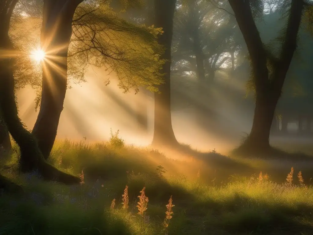 Ninfas misteriosas criaturas divinas en bosque encantado al amanecer