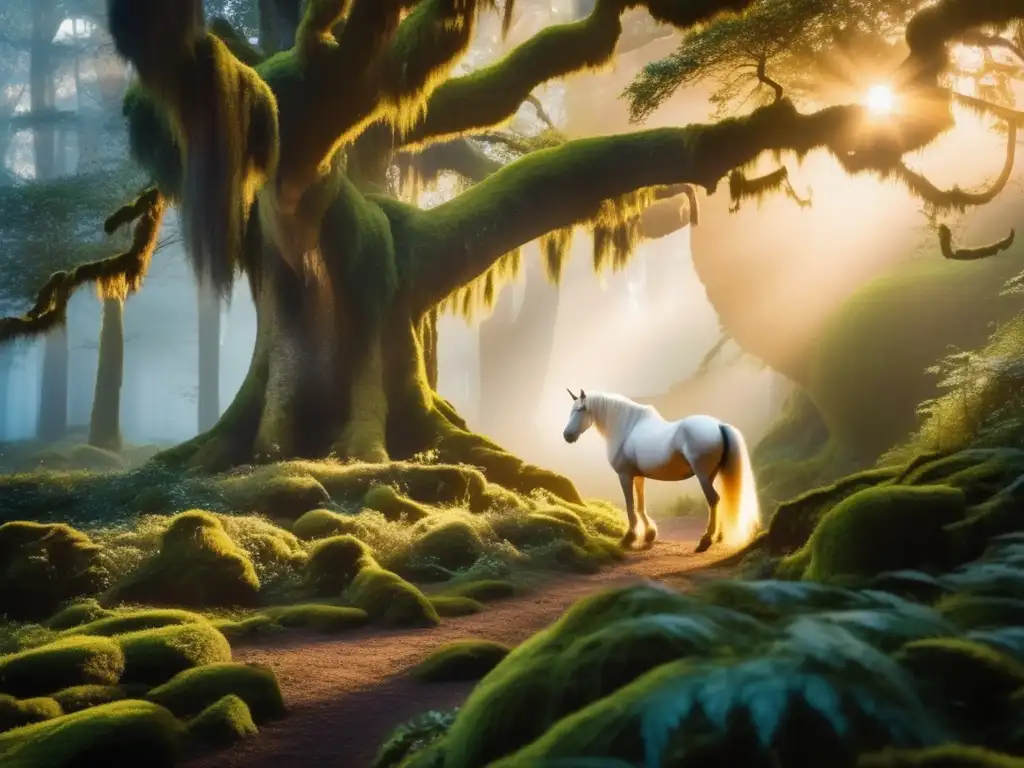 Enchanted forest with mythical unicorn, symbolizing the importance of mythical pets in fairy tales