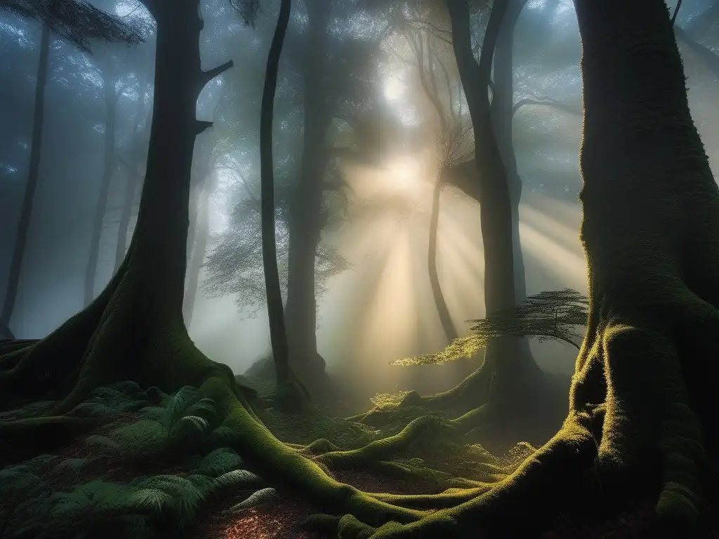 Secretos oscuros de los elfos en un bosque encantado al atardecer