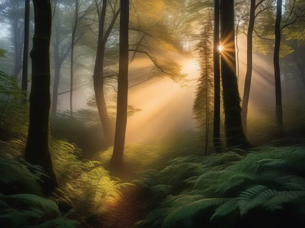 Paisaje encantador de bosque con espíritus del viento en Asia