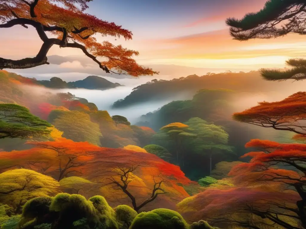 Bosque místico al atardecer con Tengu japonés, espíritu ave mítico