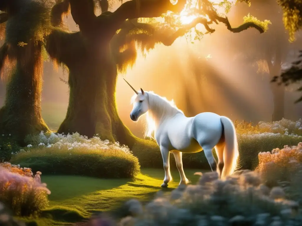 Unicornio en un bosque encantado al atardecer, reflejando la magia y misterio de los mitos sobre los unicornios