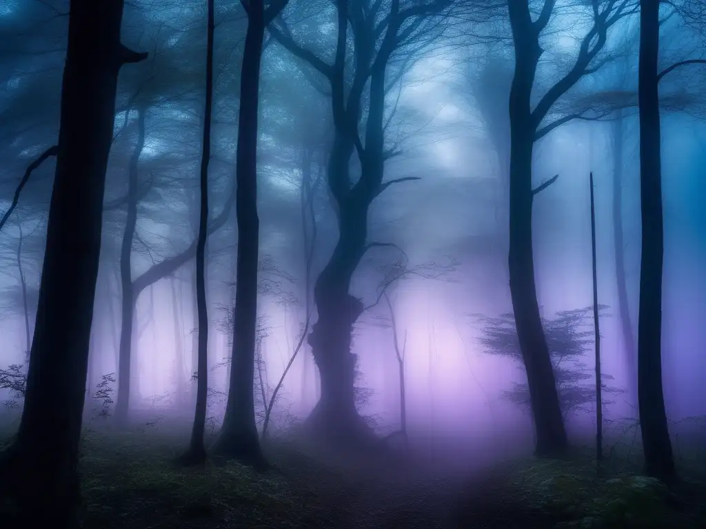 Criaturas mitológicas europeas sombrías en un bosque denso al atardecer