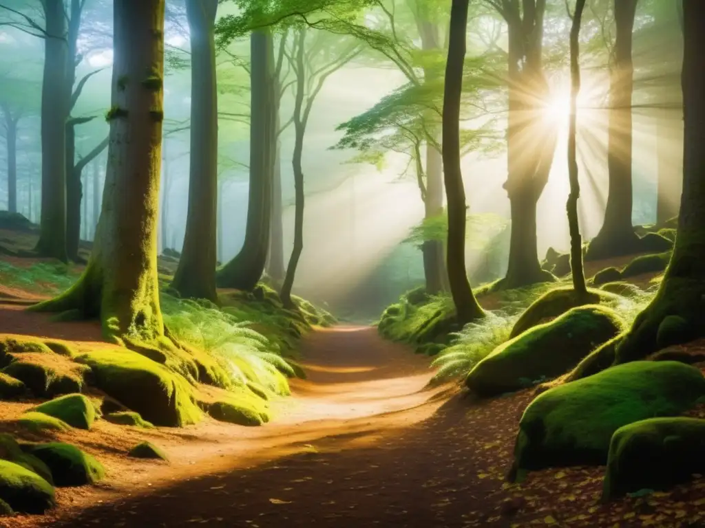 Leyendas artúricas en el Bosque encantado de Brocéliande: un paisaje mágico con árboles antiguos, senderos sagrados y monumentos ocultos