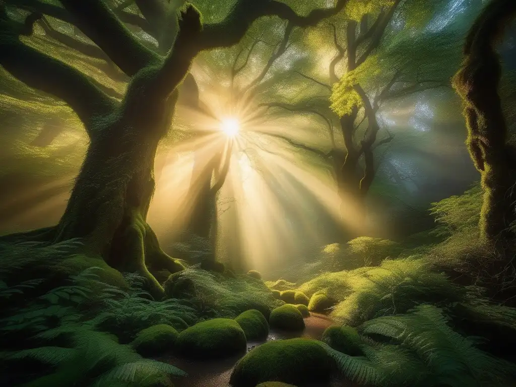 Enseñanzas de Criaturas Guardianas en un bosque encantado, iluminado por una luz etérea