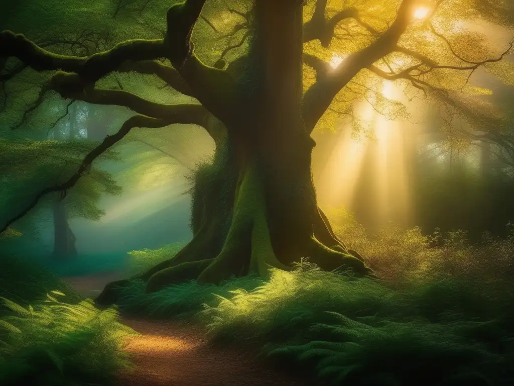 Maldiciones y transformaciones de hadas en un bosque encantado con árboles ancianos y una hermosa hada brillante