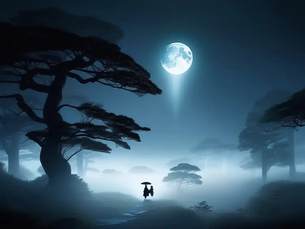 Presencia del Kasaobake en el folklore japonés: bosque misterioso iluminado por la luna, árboles antiguos y neblina