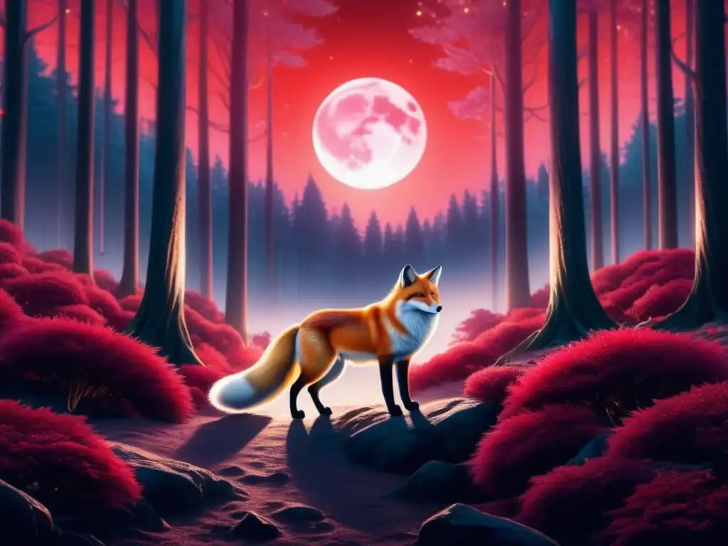 Majestuoso Kitsune de cuento japonés en un bosque de luna llena, envuelto en misterio y belleza