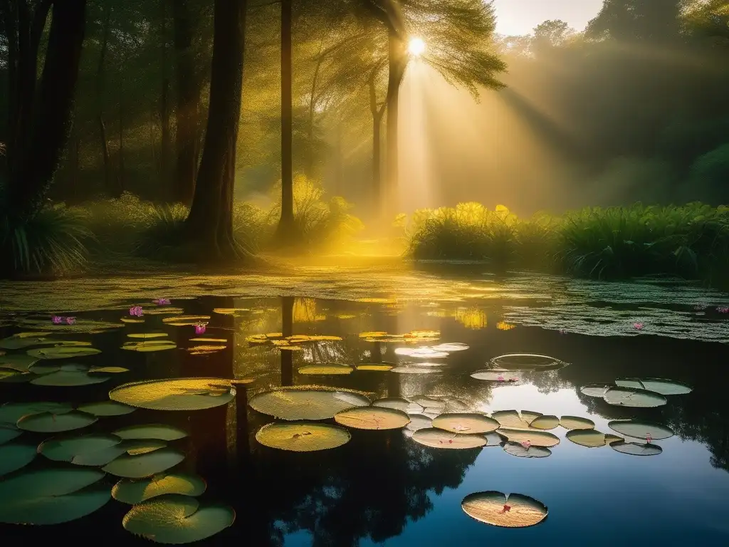 Influencia de las ninfas en rituales paganos en un bosque sereno, con una piscina brillante rodeada de flora vibrante