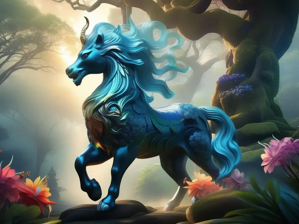 Unicornio oriental: Qilin en un bosque antiguo con flores exóticas y misteriosa neblina