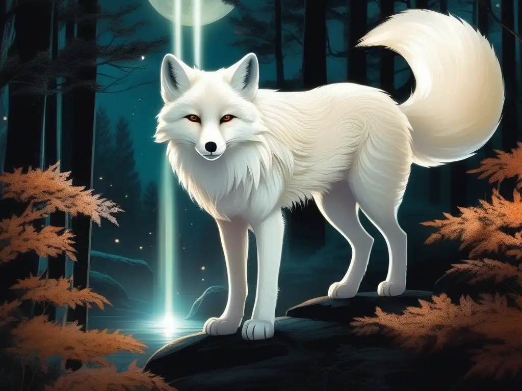 Bosque encantado con un majestuoso Kitsune de nueve colas - Cambiaformas míticos japoneses