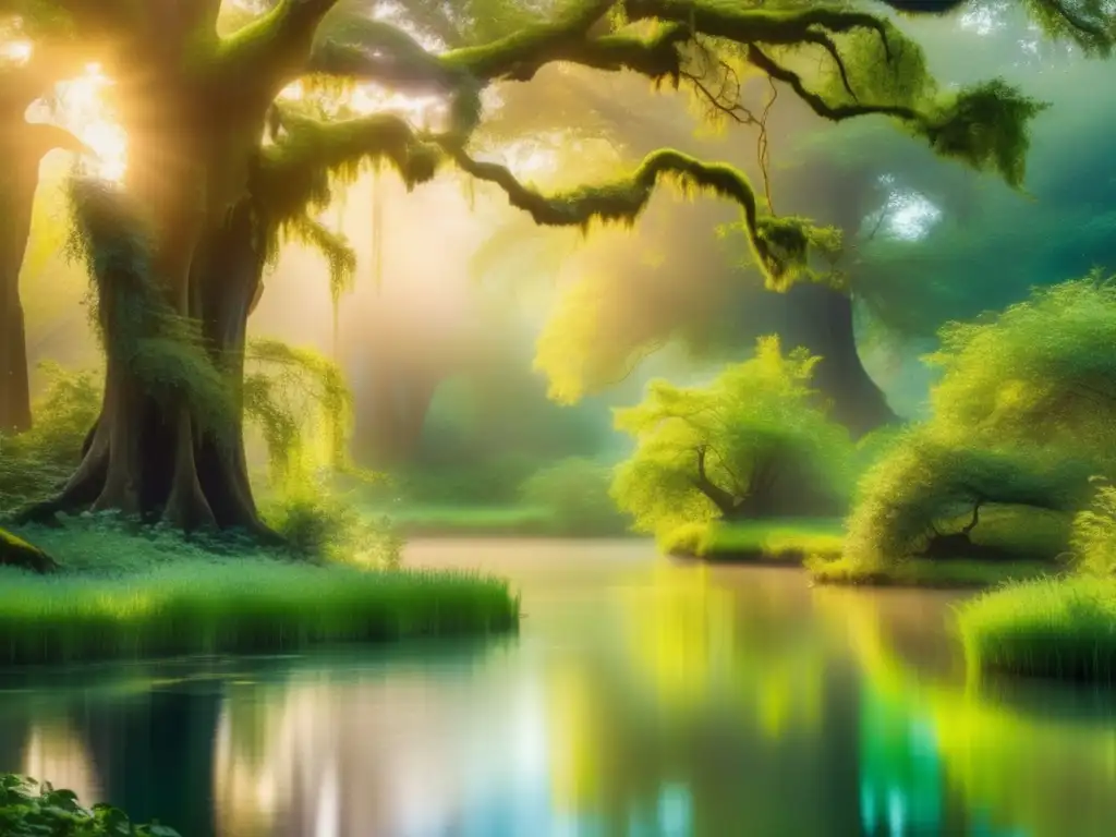 Enchanting forest with majestic trees, fairies of different mythological races, and serene pond