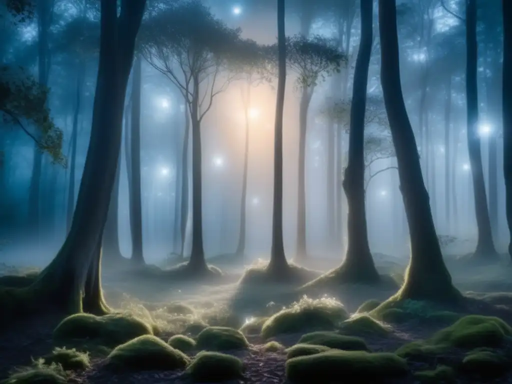 Leyendas nocturnas de hadas lunares en un bosque iluminado por la luna