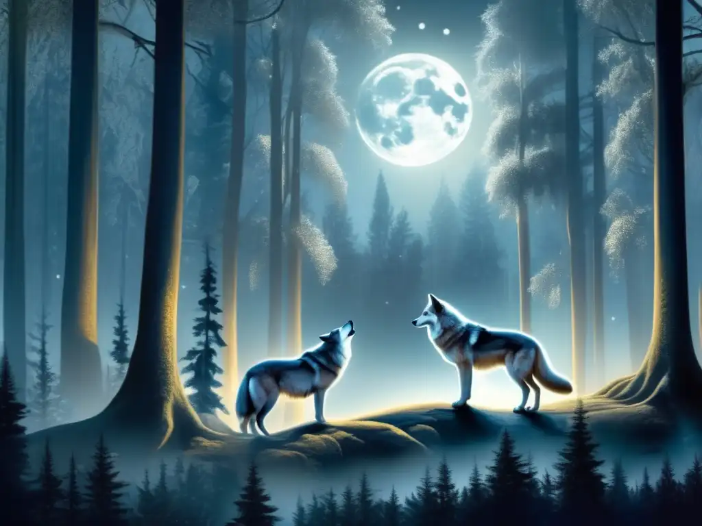 Ciclo de vida lobos mitológicos en bosque místico bajo la luna