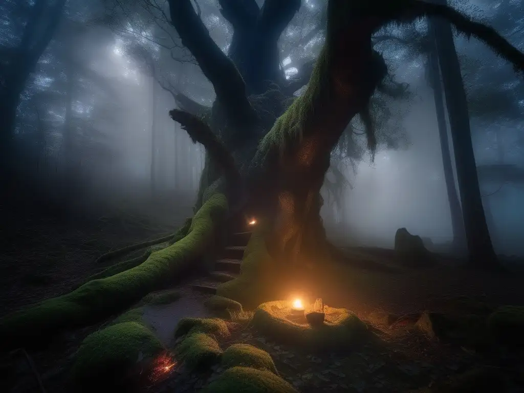 Un bosque oscuro y misterioso al atardecer, con niebla entre los árboles antiguos