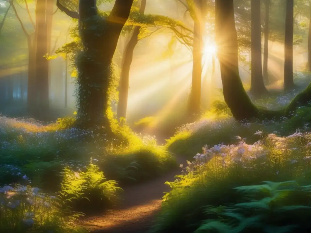 Influencia de hadas y elfos en música y cine: bosque encantado, árboles altos, cascada majestuosa, luz dorada