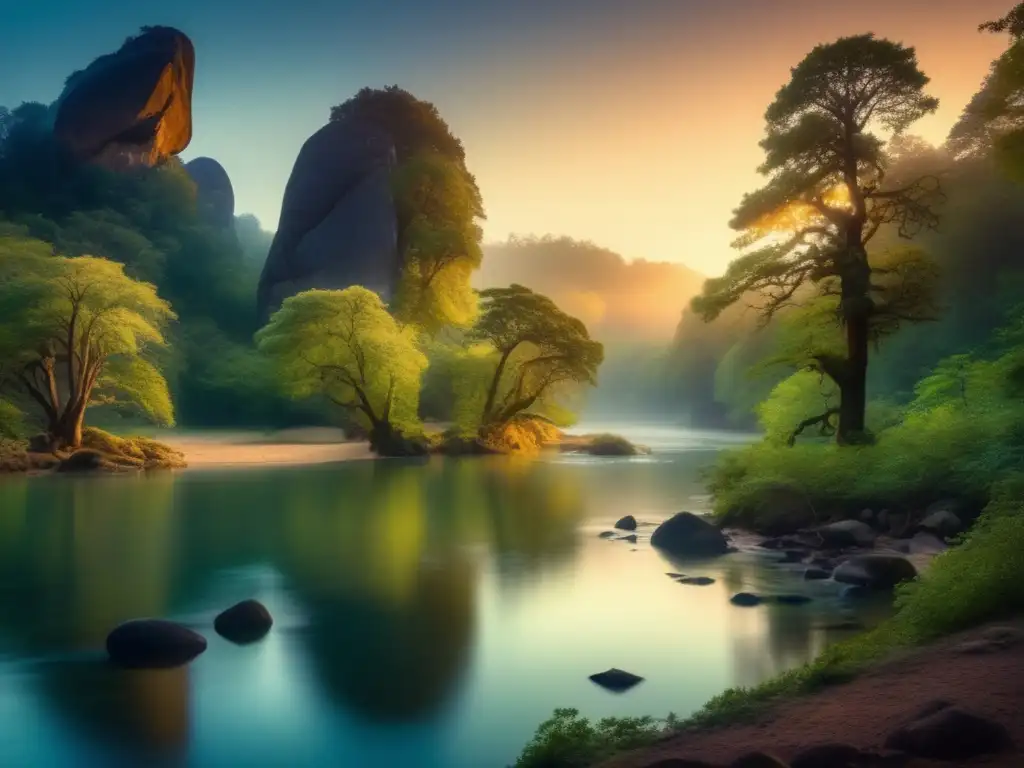 Imagen de bosque místico al atardecer con río y trolls protegiendo naturaleza (110 caracteres)