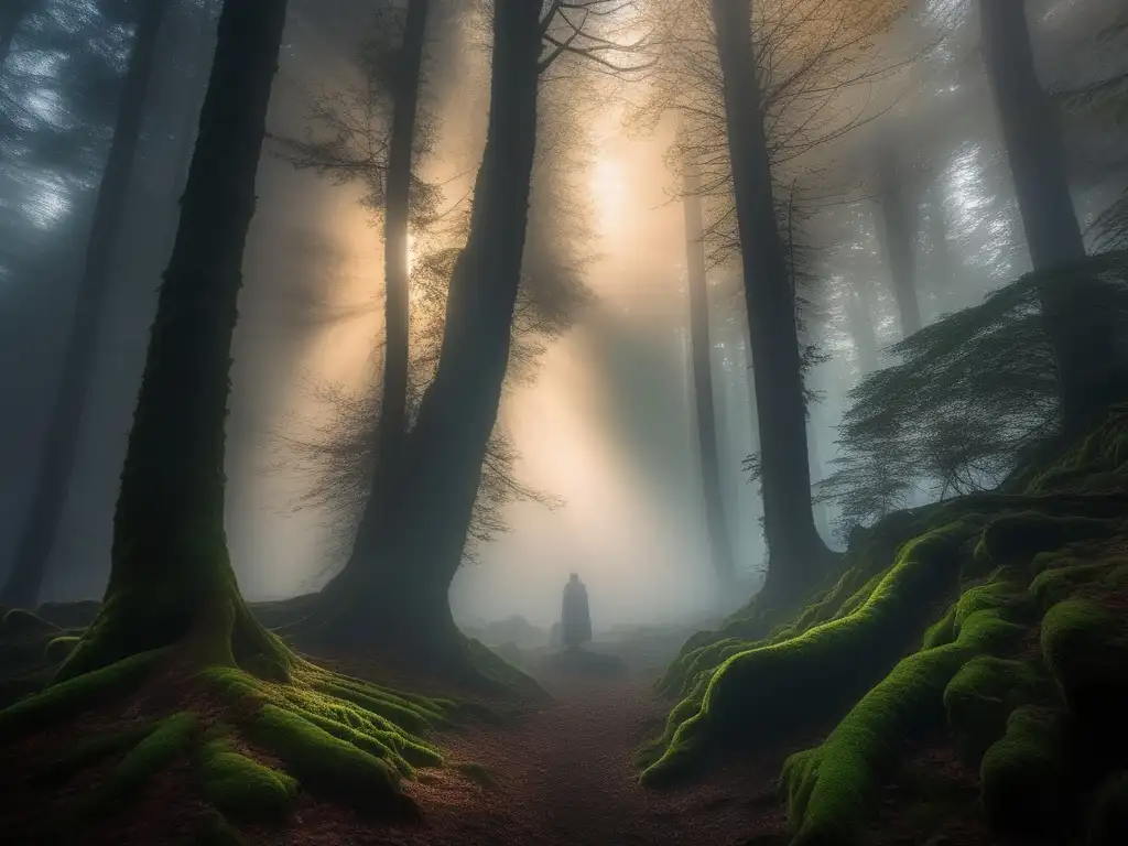 Misteriosa imagen de un bosque iluminado tenue, envuelto en niebla, creando una atmósfera etérea y onírica