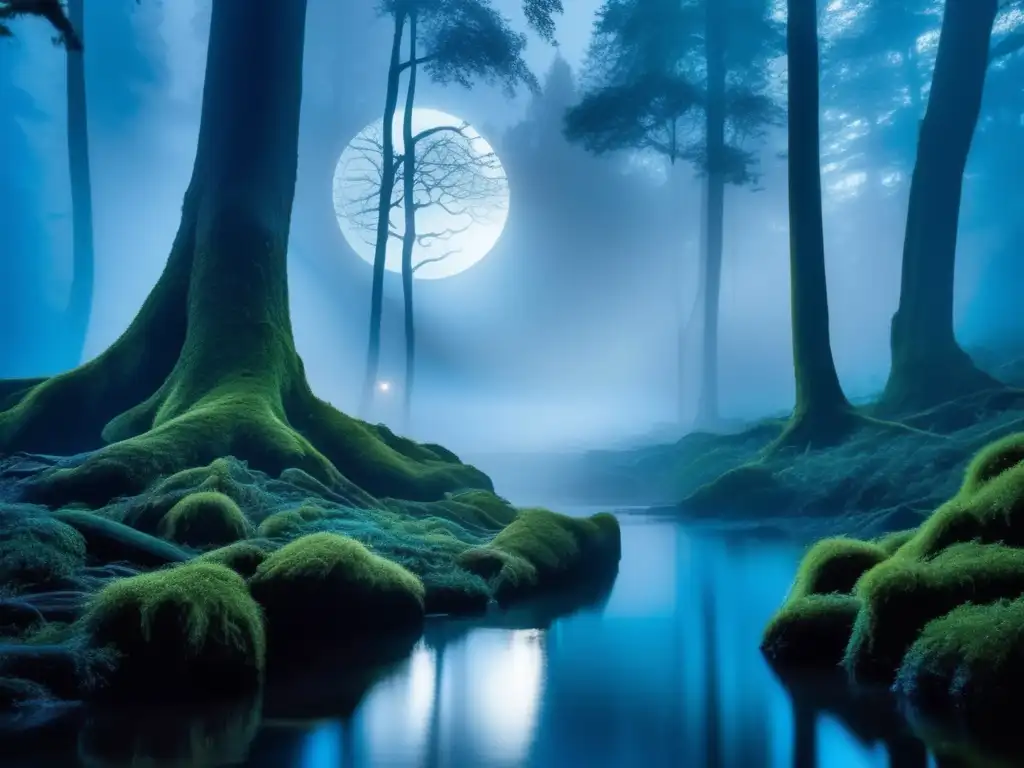 Criaturas nocturnas mitológicas oscuras en misterioso bosque iluminado por la luna