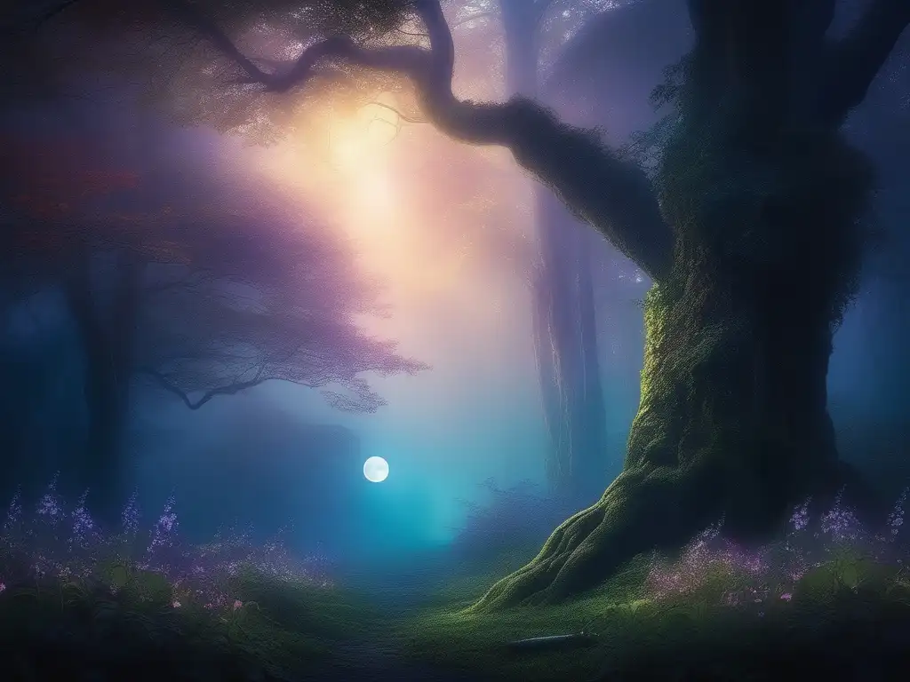 Un bosque iluminado por la luna emerge de la niebla, creando una escena mágica