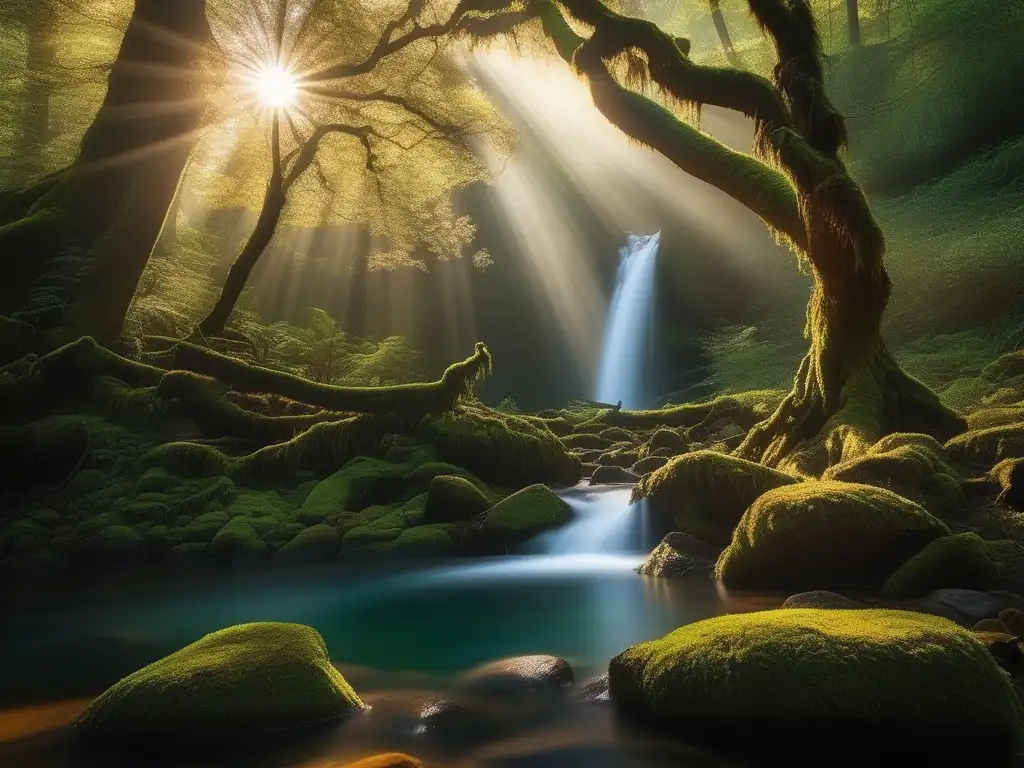 Bosque encantado con árboles antiguos y criaturas místicas Poderes sobrenaturales de los trolls en un místico bosque encantado con cascada y árboles ancestrales