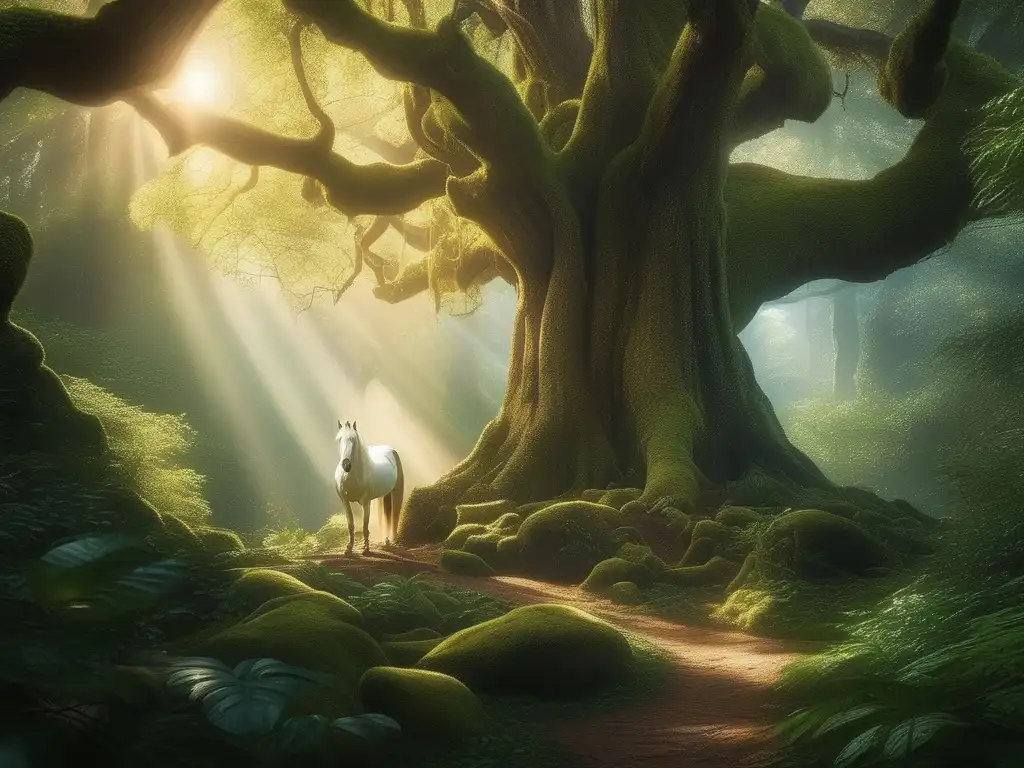 Escena mágica: bosque encantado con árboles altos y criaturas míticas