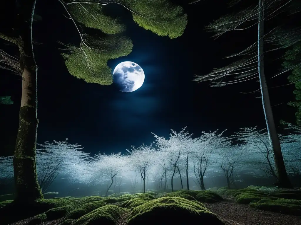 Criaturas Yūrei en mitología japonesa: Bosque sereno iluminado por la luna llena, donde espíritus translúcidos emergen entre los árboles