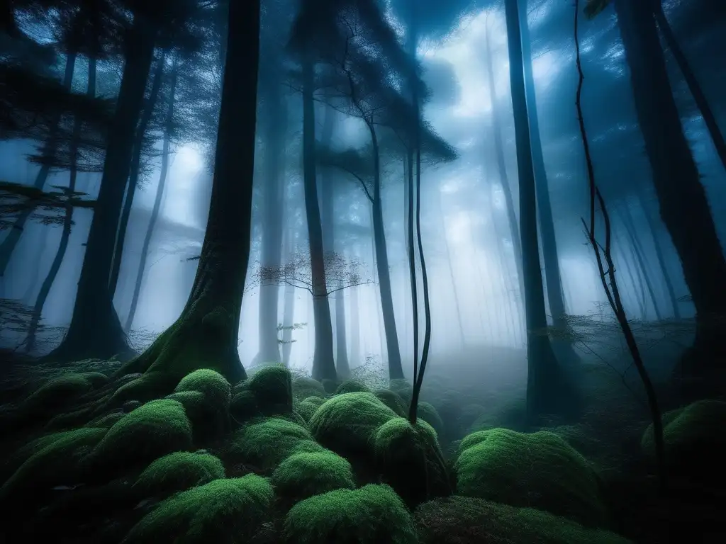 Bosque japonés iluminado por la luna, misterioso y envuelto en niebla