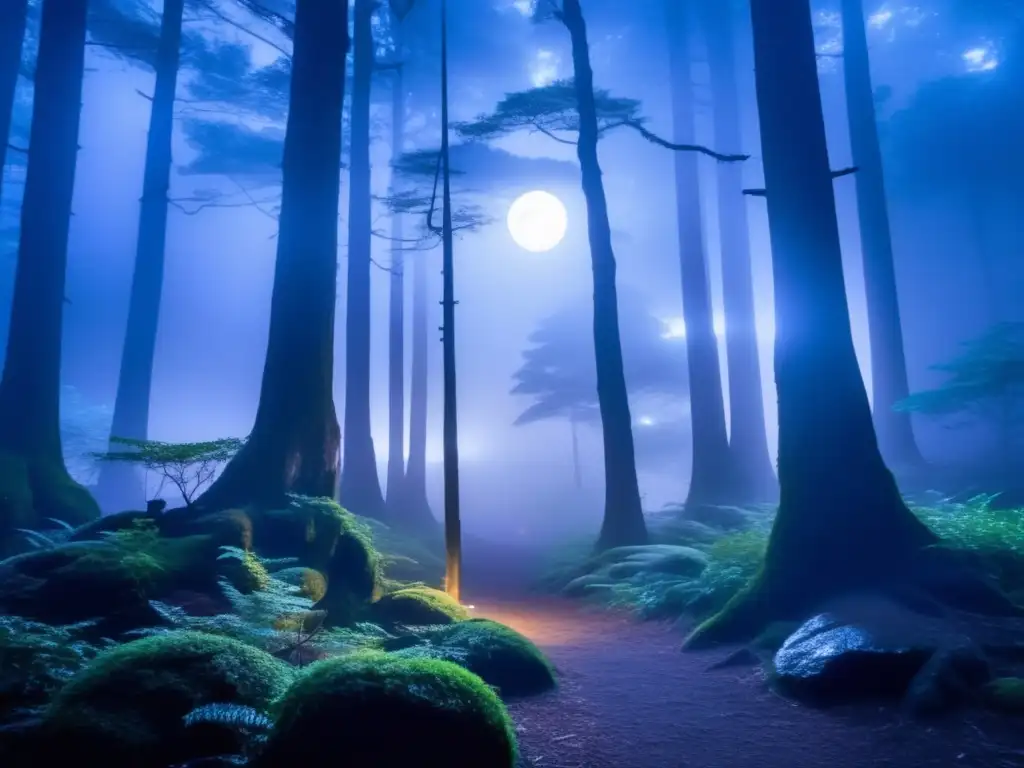 Bosque japonés iluminado por la luna con espíritus malignos de la mitología asiática