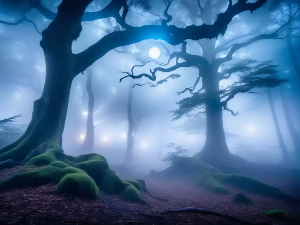 Imagen: Bosque misterioso iluminado por la luna con Yōkai Gashadokuro - terrorífica criatura mitológica-